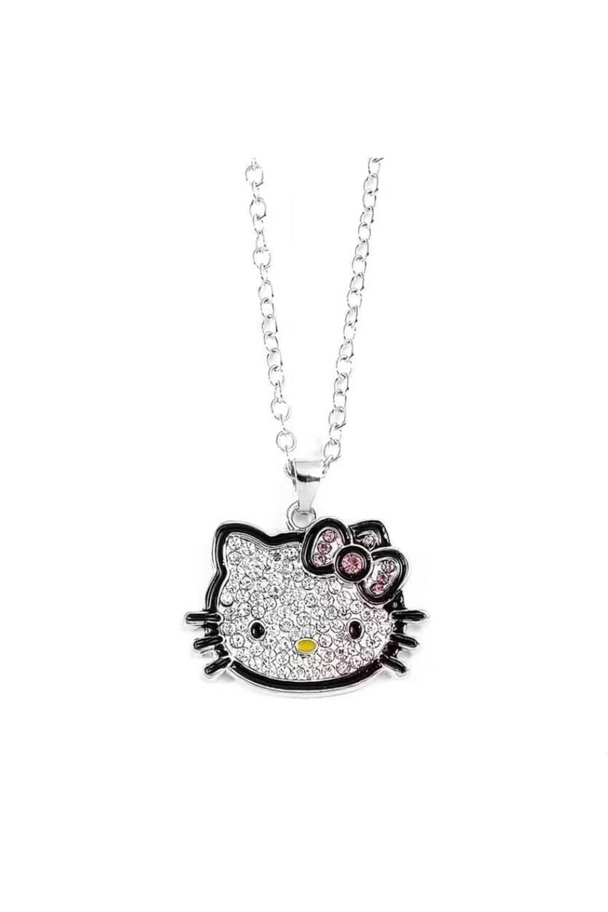 Taşlı Parlak Hello Kitty Zincir Kolye Gümüş - Tek Ebat