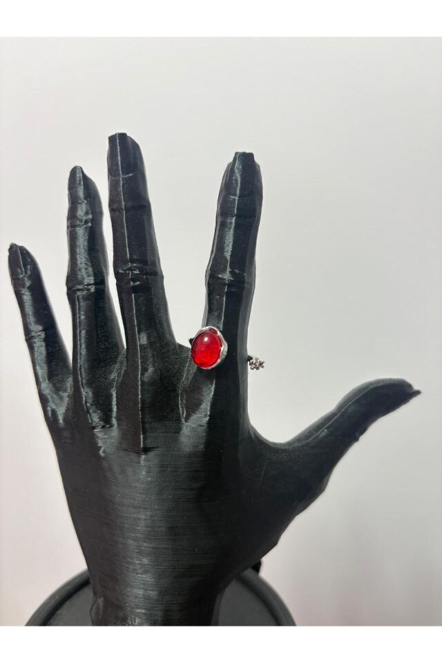 Gotic Kırmızı Taşlı Pırlantalı Ayarlanabilir Yüzük