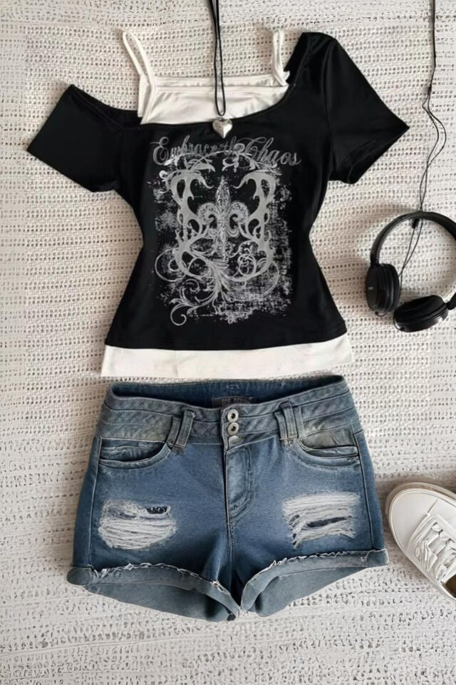 Siyah Embrace The Chaos Ek Askılı Gotik Y2K Kısa Kollu Full Body Crop bluz
