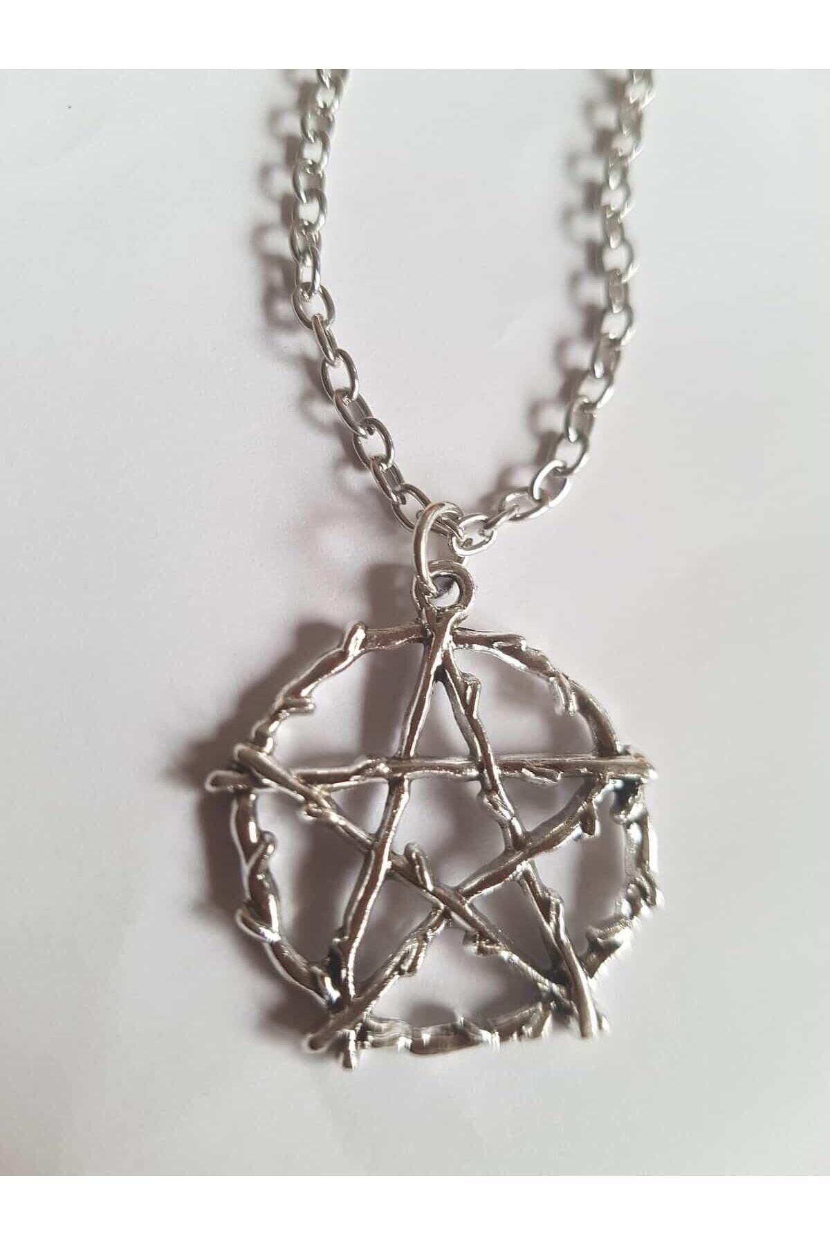 5 köşeli Pentagram Gümüş Zincir Kolye Gümüş - Tek Ebat