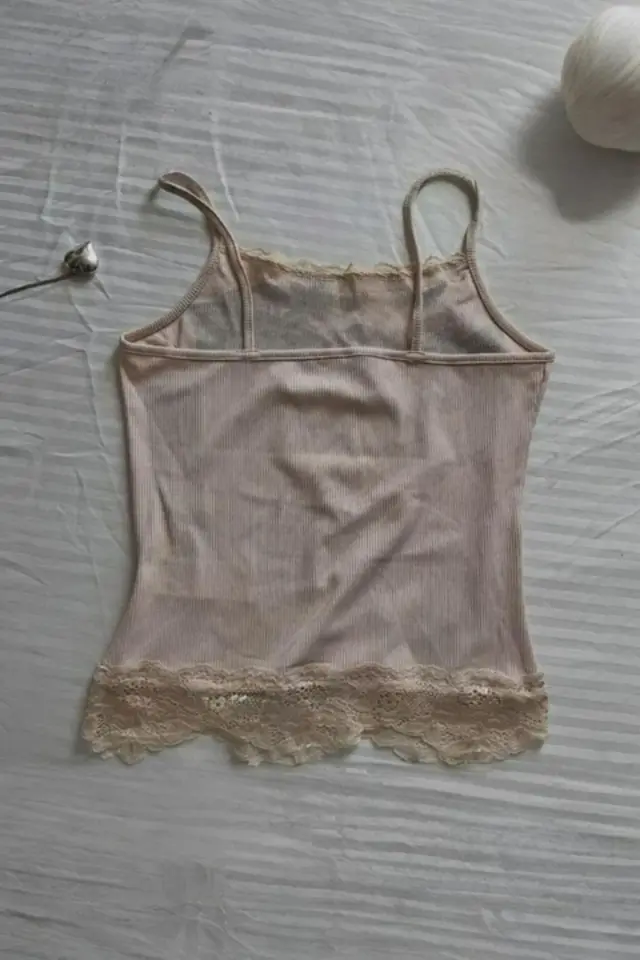 Bej Butterfly Dantelli Gotik Y2K Askılı Crop Bluz