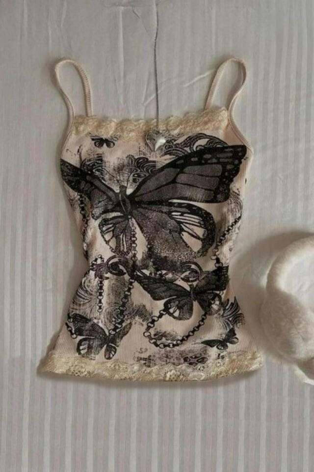 Bej Butterfly Dantelli Gotik Y2K Askılı Crop Bluz