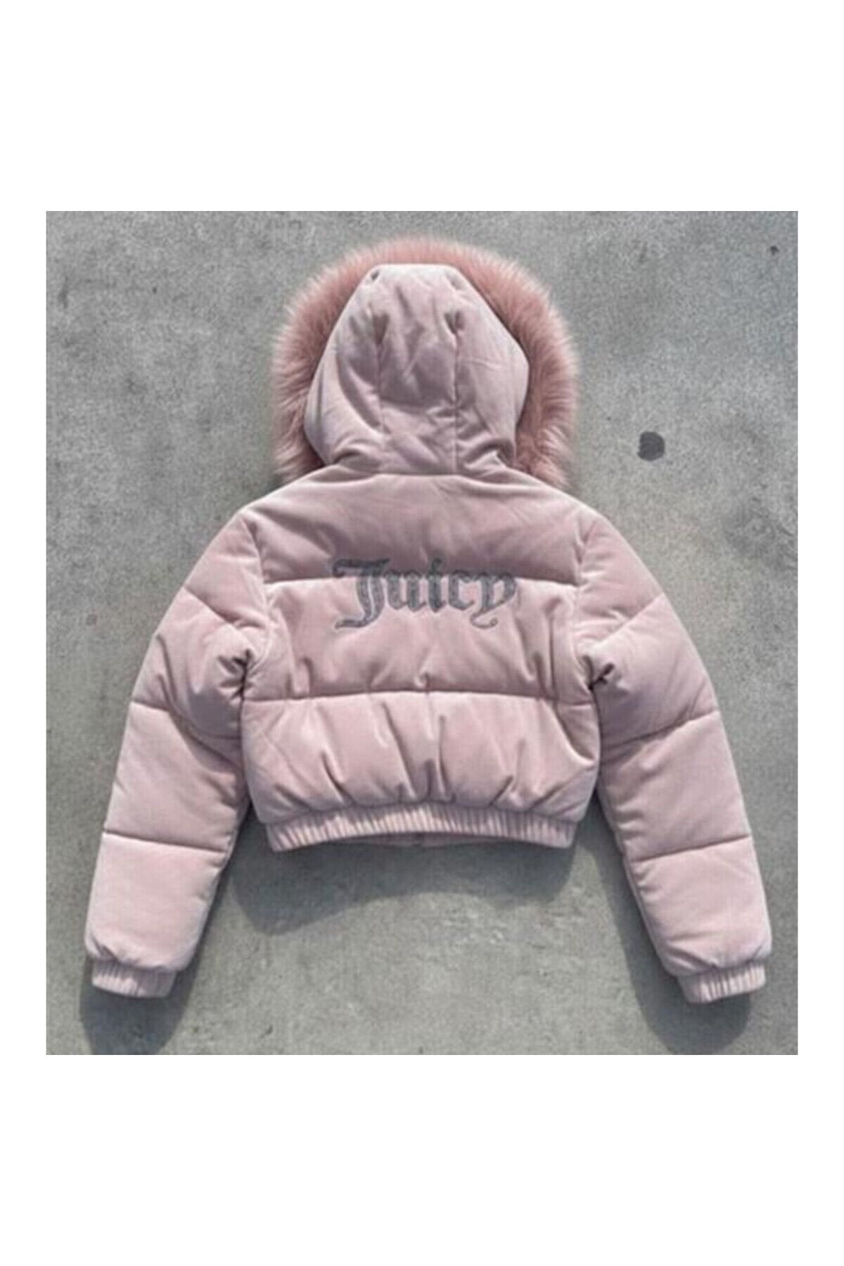 Juicy Pembe Peluş Kapüşonlu Şişme Crop Mont