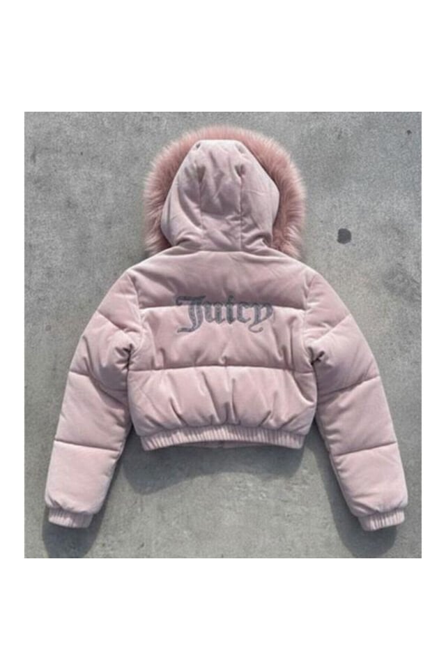 Juicy Pembe Peluş Kapüşonlu Şişme Crop Mont
