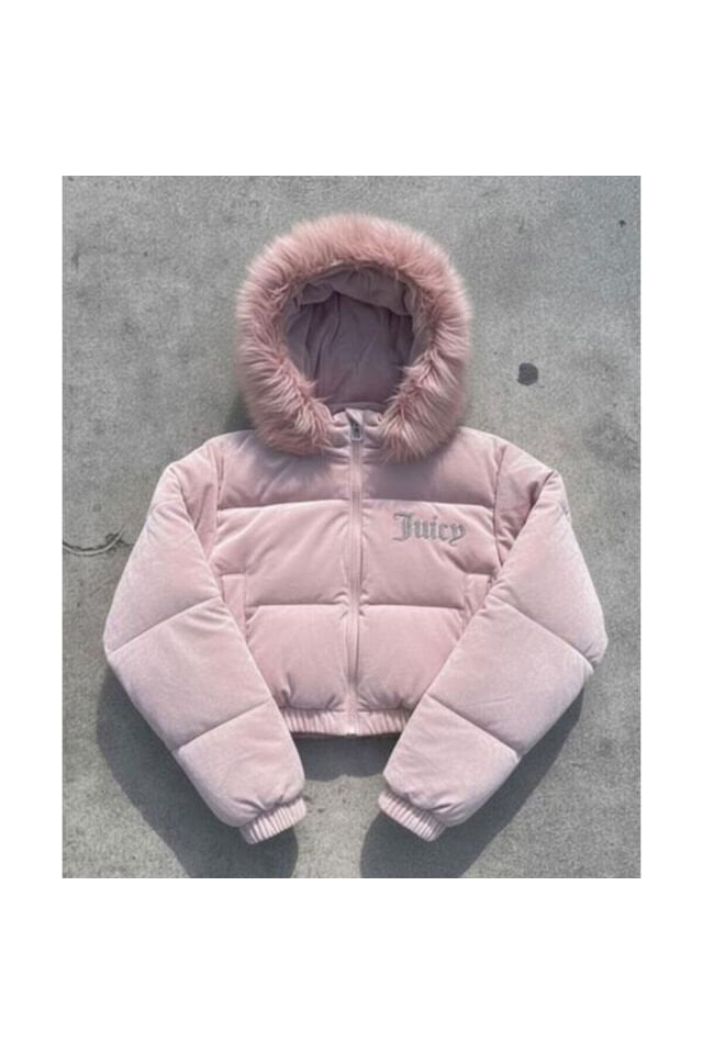 Juicy Pembe Peluş Kapüşonlu Şişme Crop Mont