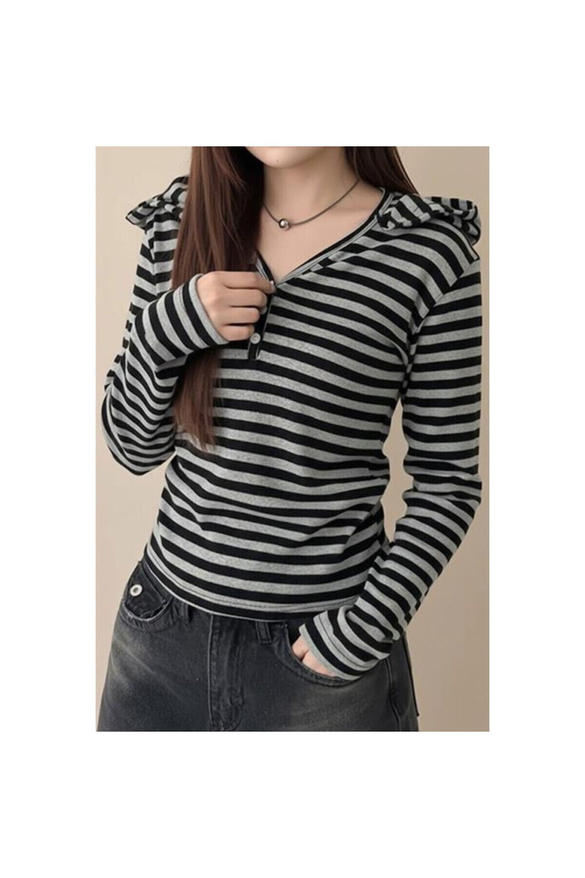 Gri Siyah Çizgili Henrey Yaka Y2K Kapüşonlu Uzun Kollu Crop