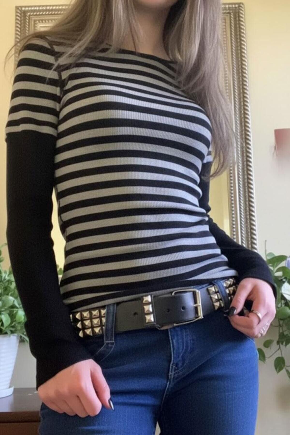 Siyah Gri Çizgili Grunge Siyah Y2K Uzun Kollu Bluz