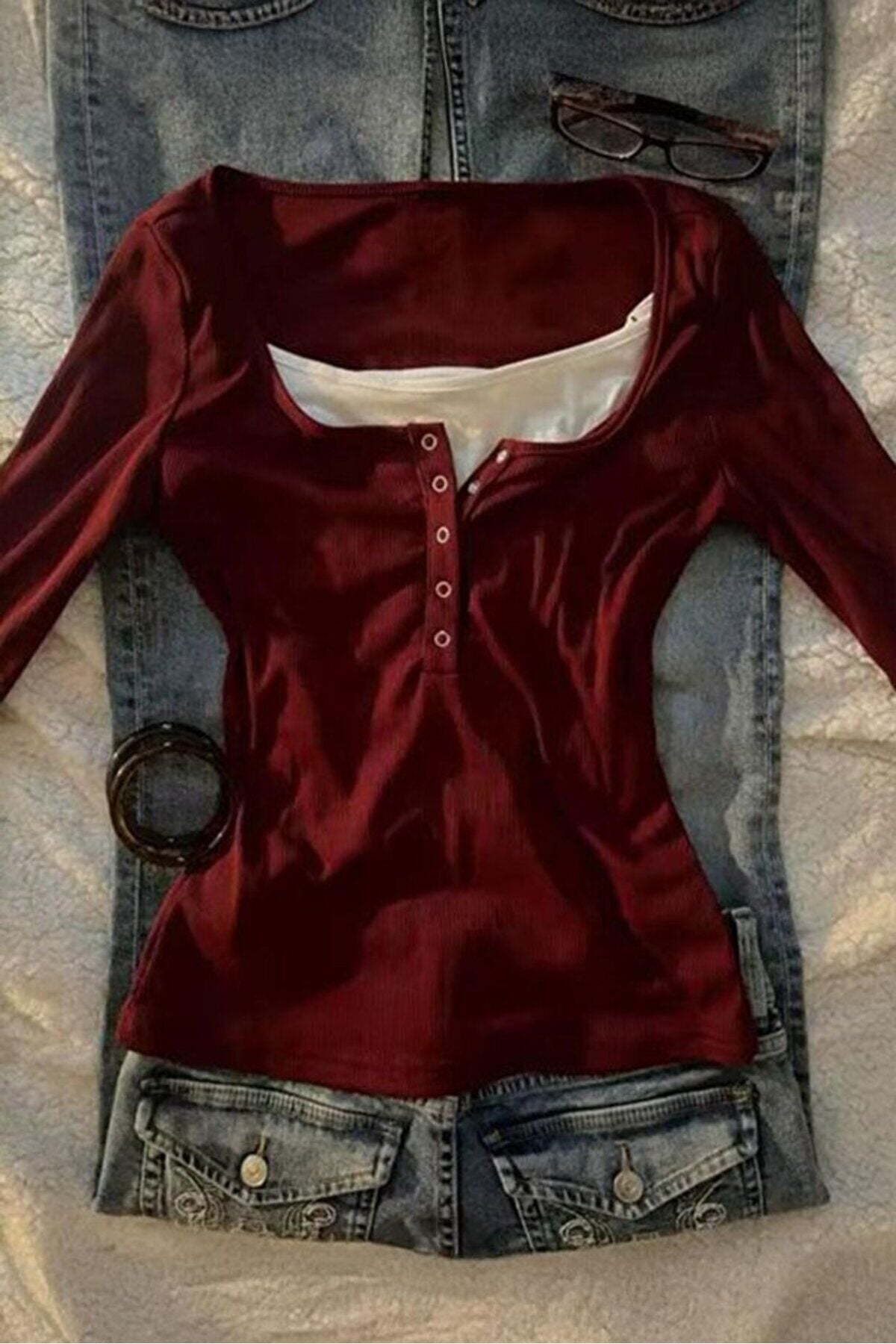 Bordo Henley Yaka Ekli Y2K Uzun Kollu Bluz
