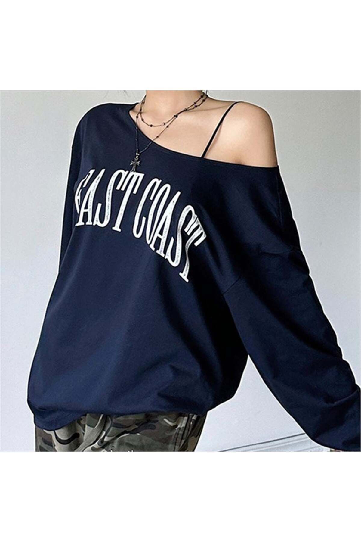 Lacivert East Coast Kısa Kol Off-Shoulder Omuz Askılı T-Shirt
