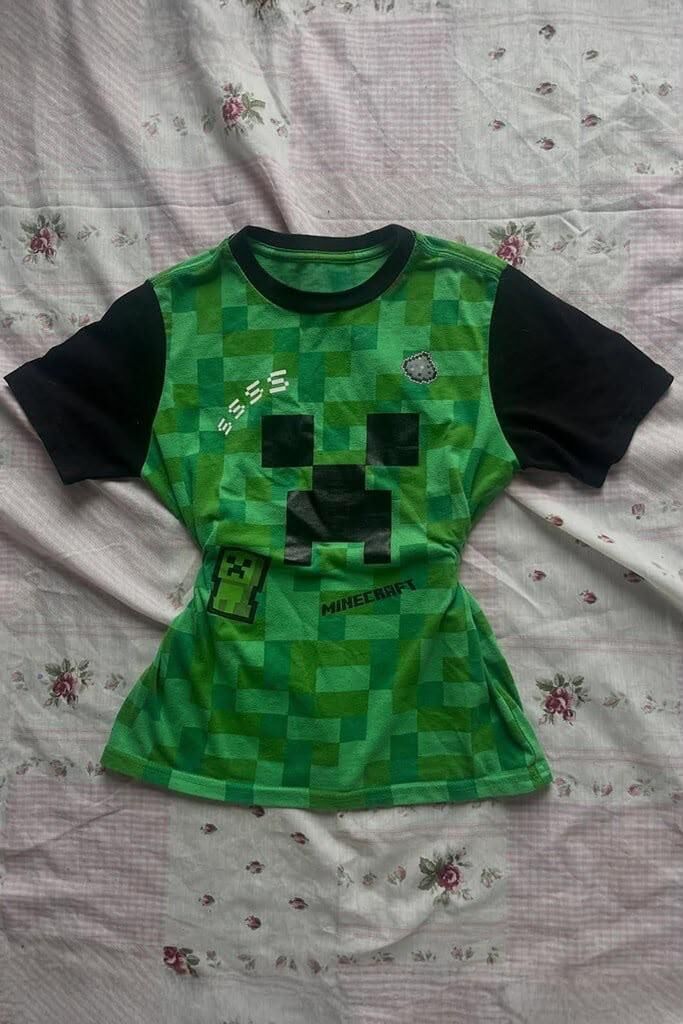Yeşil Reglan Kol Minecraft Y2K Street tam boy bluz