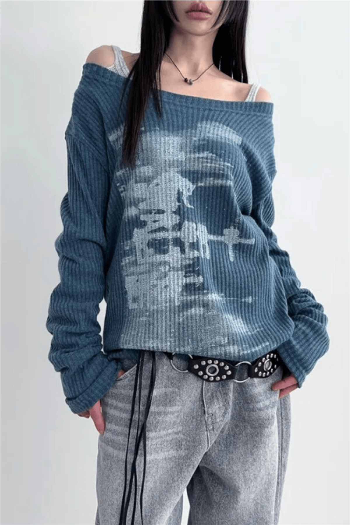İndigo Lost Omuz Dekolteli Vintage Oversize Sweatshirt
