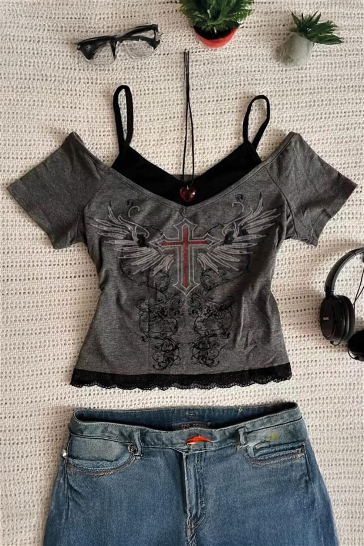 Antrasit Red Cross Wing Gothic Askılı Bluz