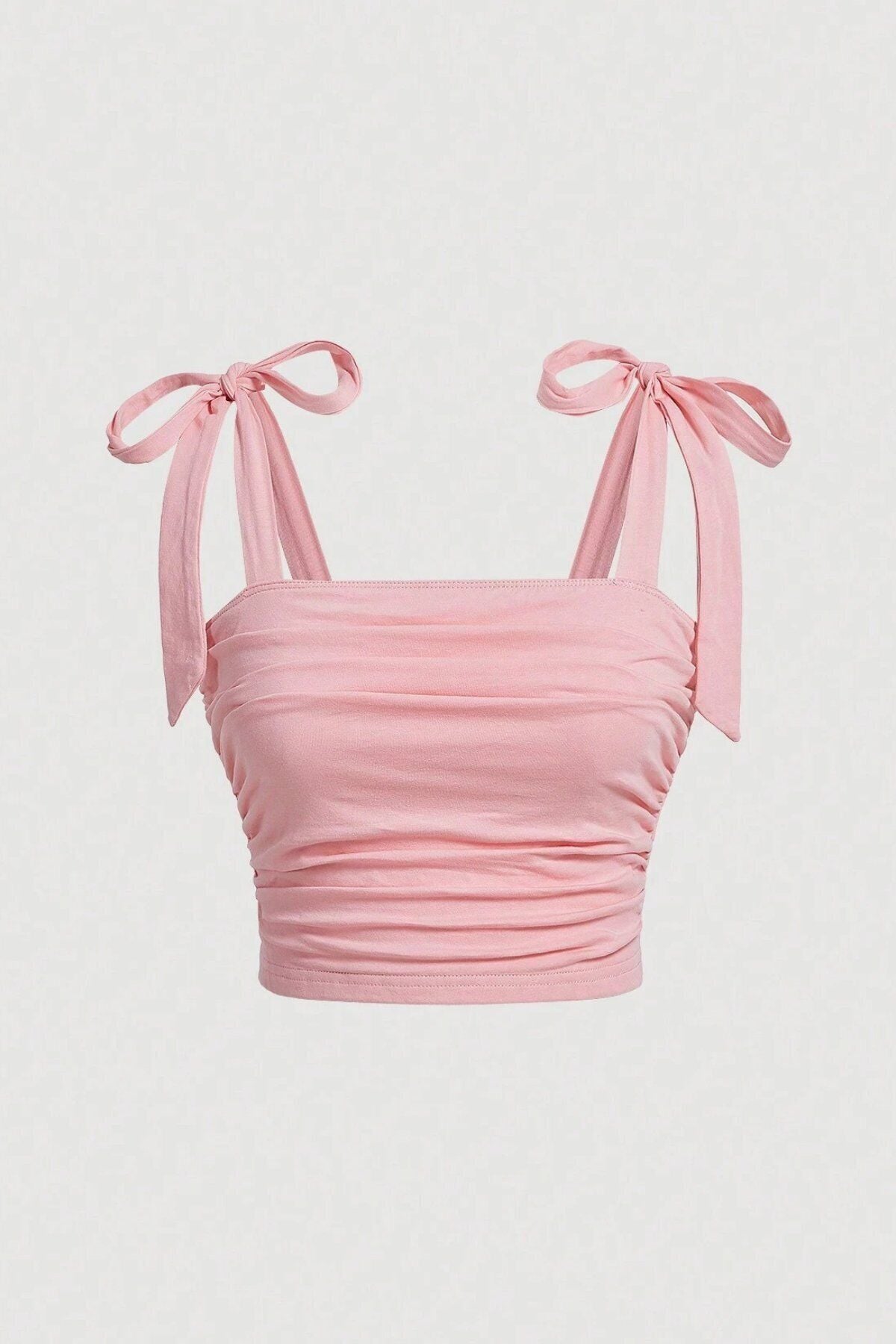 Pembe Fiyonk Y2K Askılı Bağlamalı Coquette Crop
