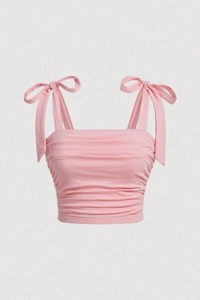 Pembe Fiyonk Y2K Askılı Bağlamalı Coquette Crop