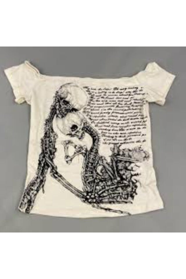 Ebedi Aşk Yazılı Gotik İskelet Düşük Omuzlu Broken Heart Bluz