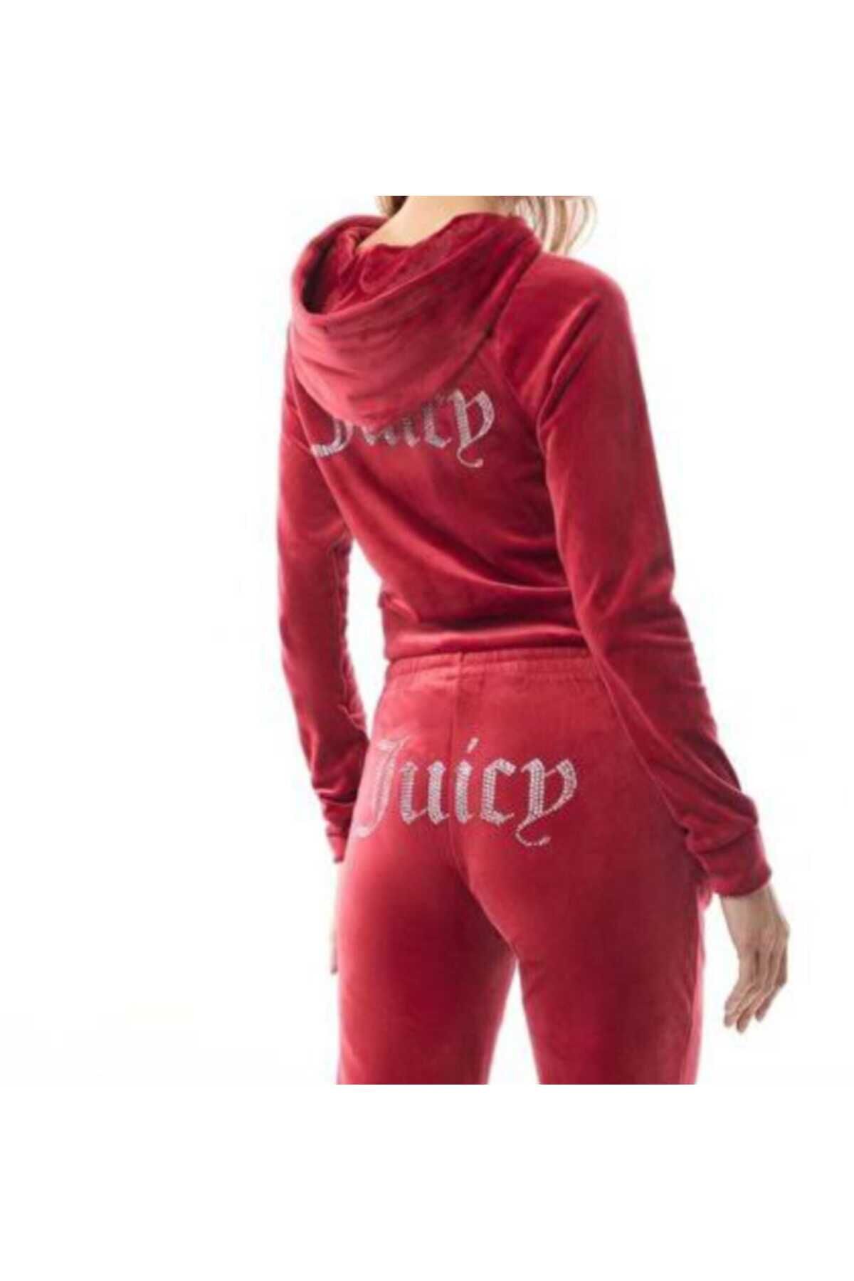 Juicy taşlı kadife eşofman takımı Kırmızı - S