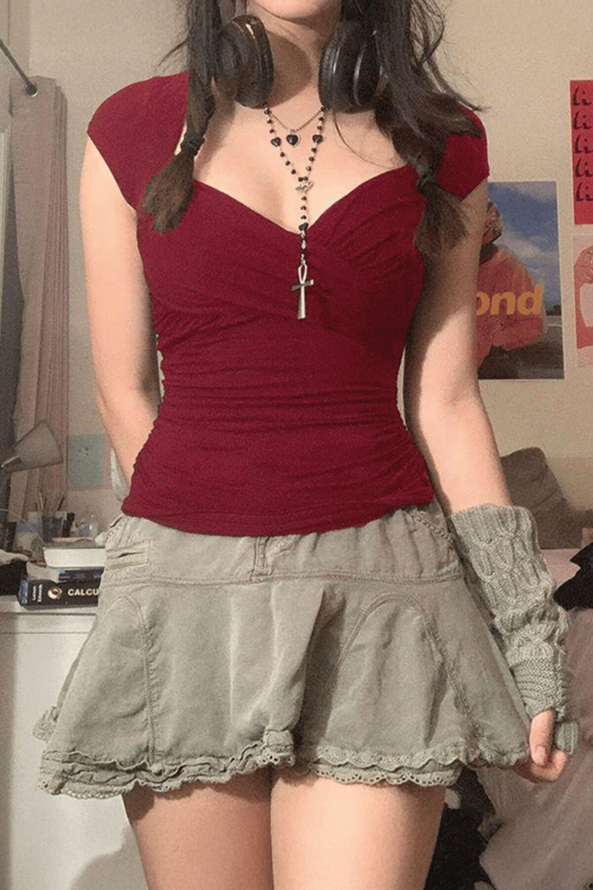 Bordo Y2K Kalp Yaka Kısa Kol Kadın Bluz