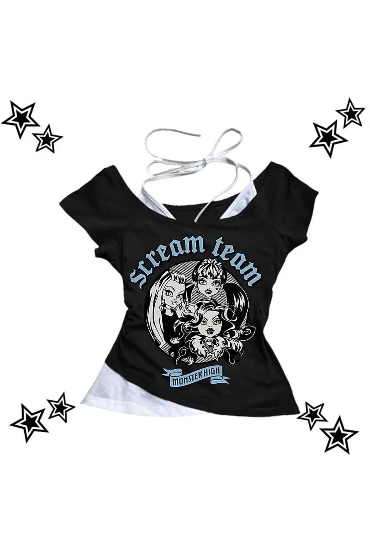 Siyah Gothic Scream Team Yaka Ek Askılı Kısa Kollu Full Body Crop