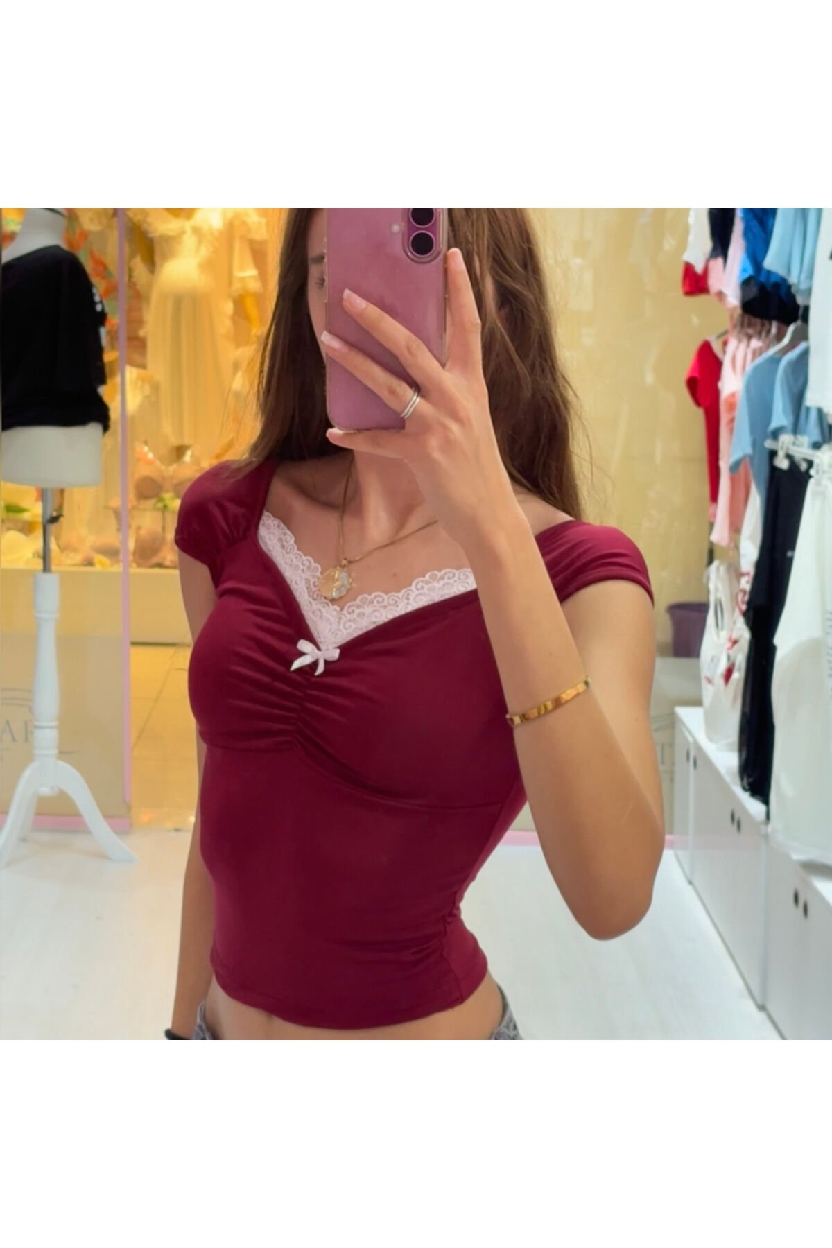 Bordo Dantel Yaka Örgü Desenli Büzgülü Y2K Kısa Kollu Crop