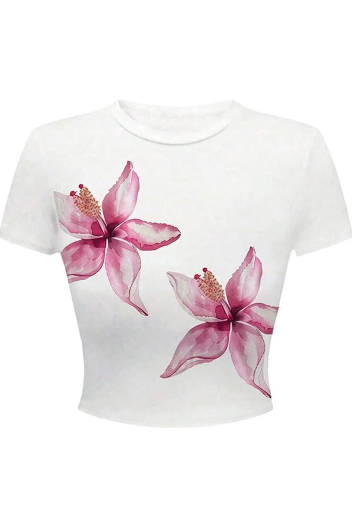 Beyaz Lily Flowers Y2K Kısa Kollu Crop T-Shirt