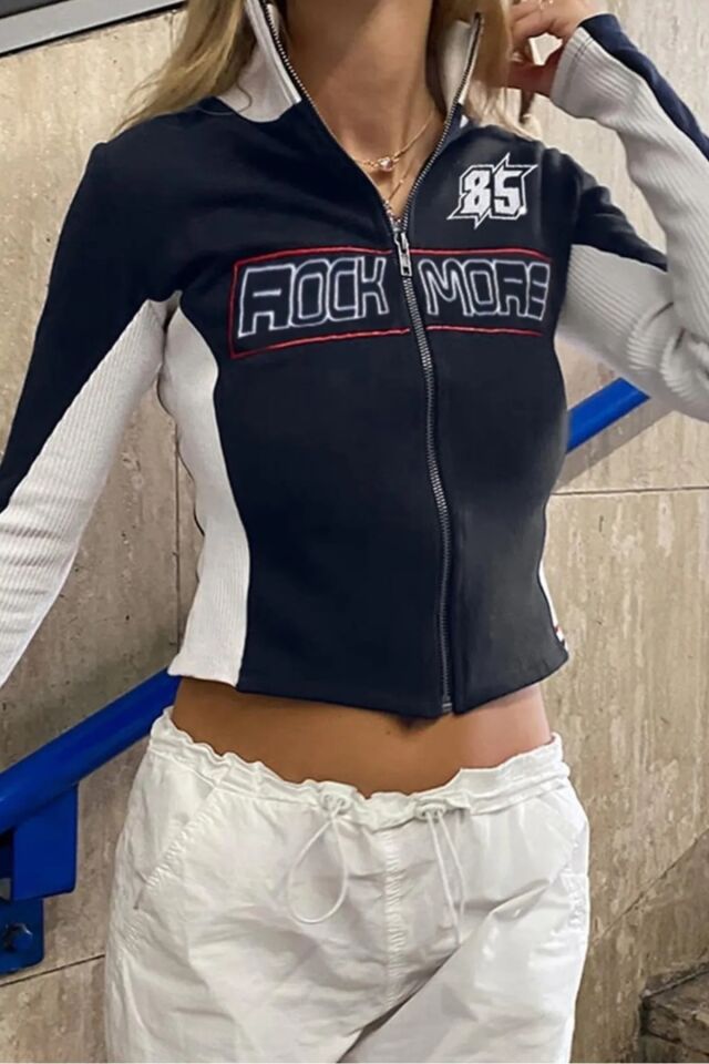 Rock More 85 Baskılı Fermuarlı Siyah Crop