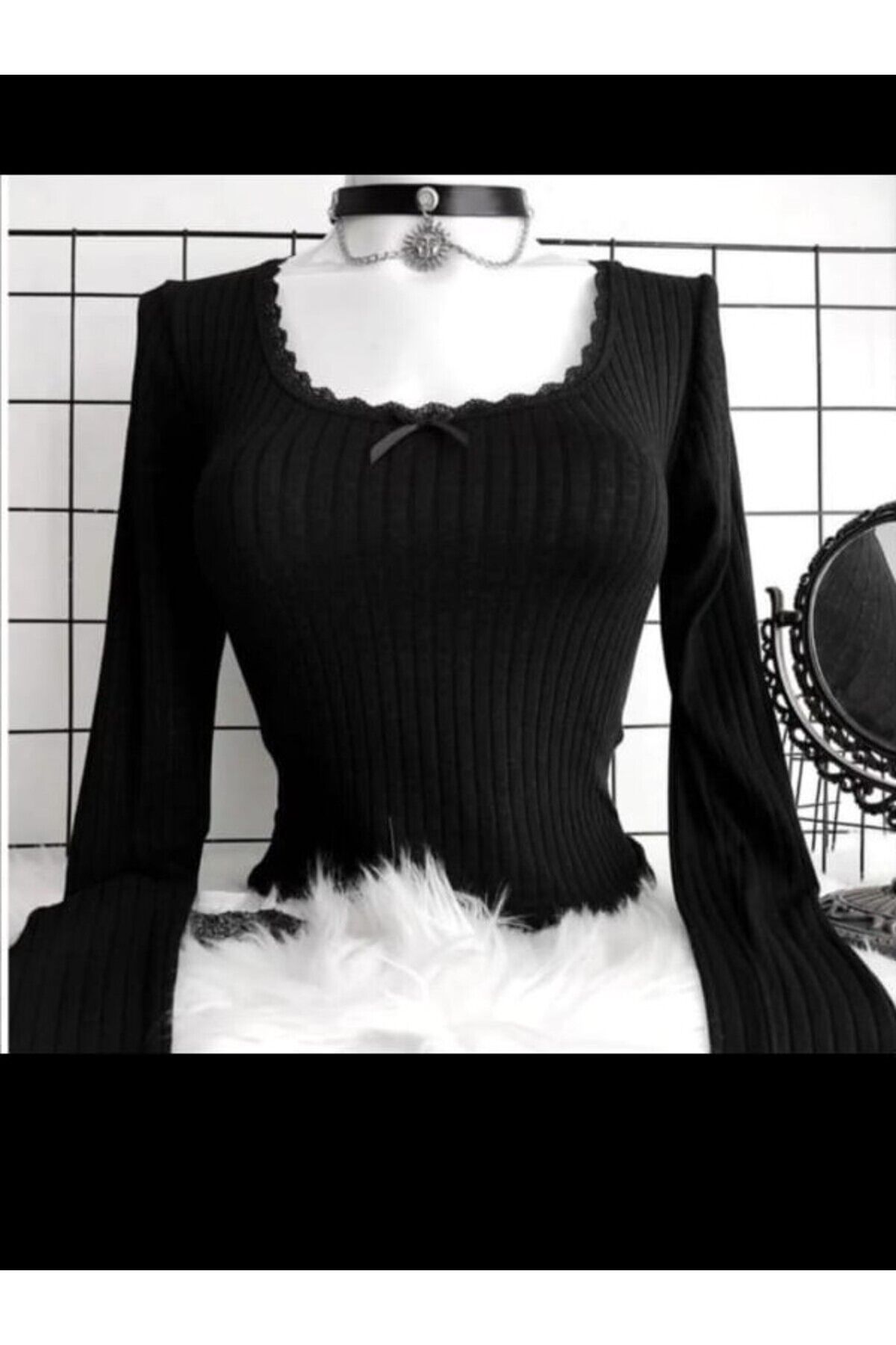 Coquette Lolita Pinterest Tam Boy Dantel Detaylı Bluz Siyah - M