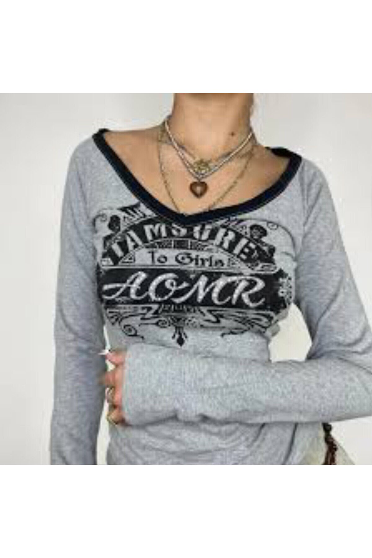 Gri Melanj AOMR Siyah Geniş Yaka Y2K Uzun Kollu Crop