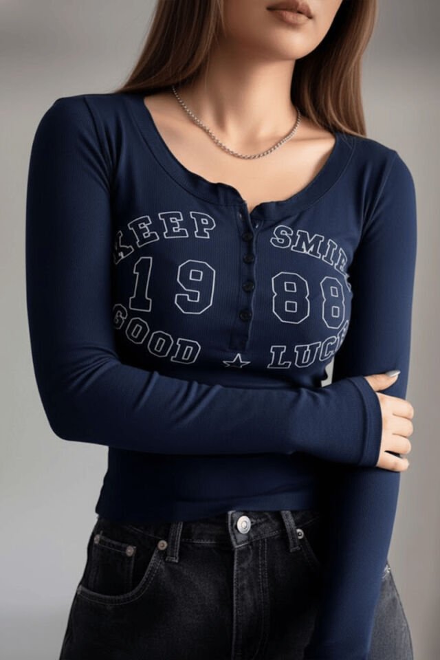 Lacivert Keep Smile Düğmeli Street Y2K Uzun Kollu Crop