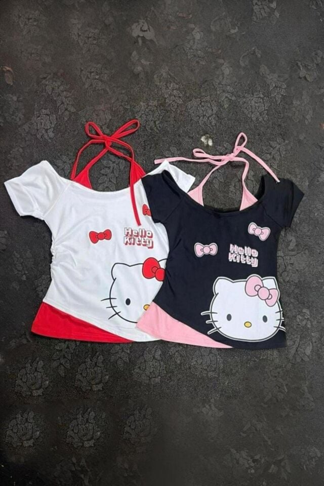 Beyaz Hello Kitty Ek Askılı Kısa Kollu Crop