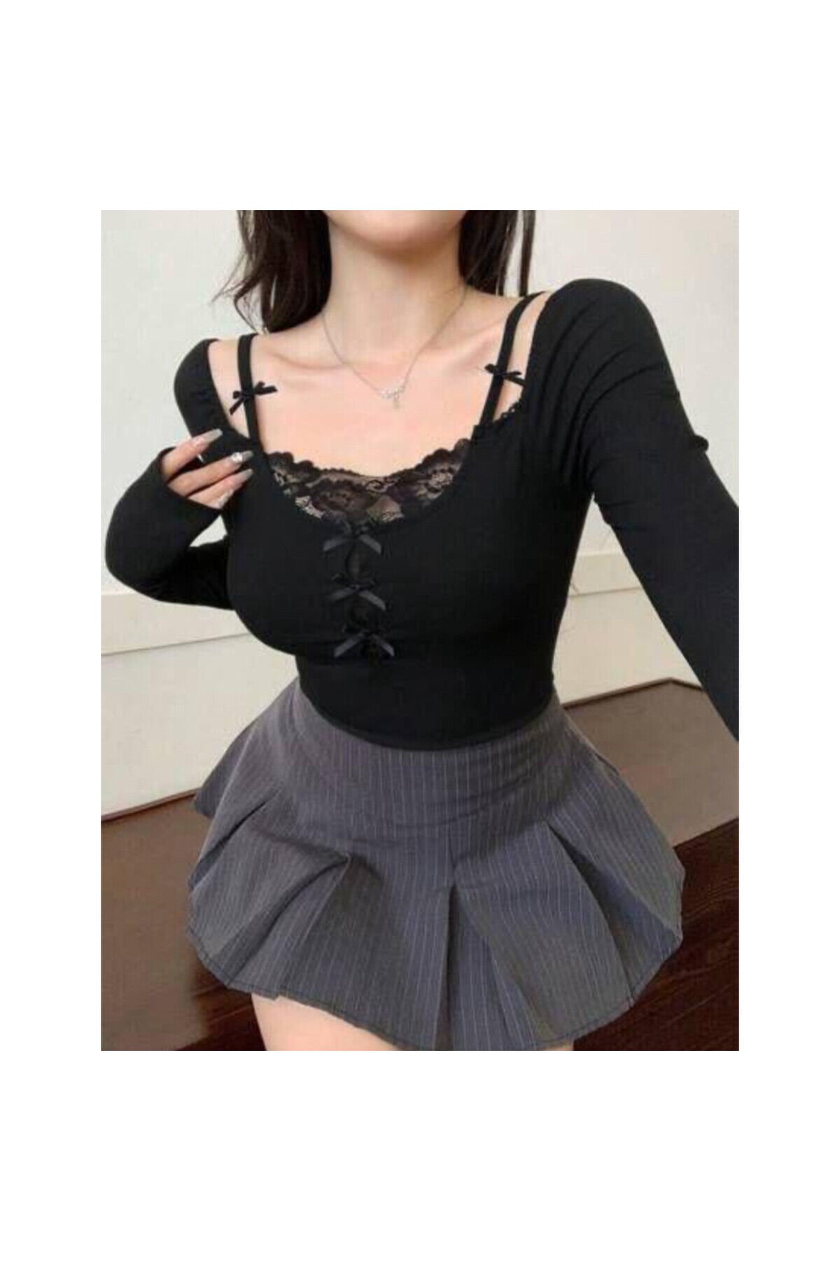 Lolita Pinterest Soft mini kurdeleli Madonna yaka tam boy bluz