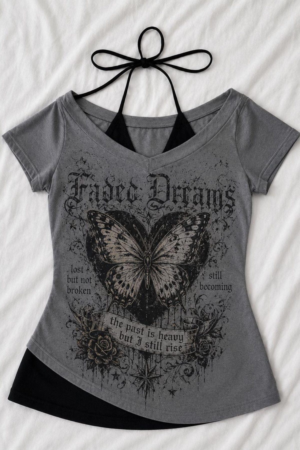 Butterfly Antrasit Vintage Fairycore Ek Askılı Tam Boy Bluz