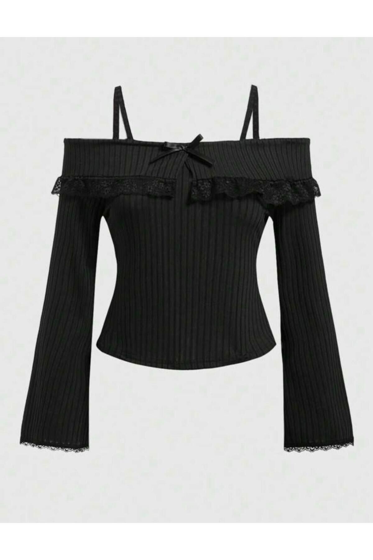 Coquette lolita Madonna yaka askılı dantelli kurdeleli tam boy siyah Gotic bluz