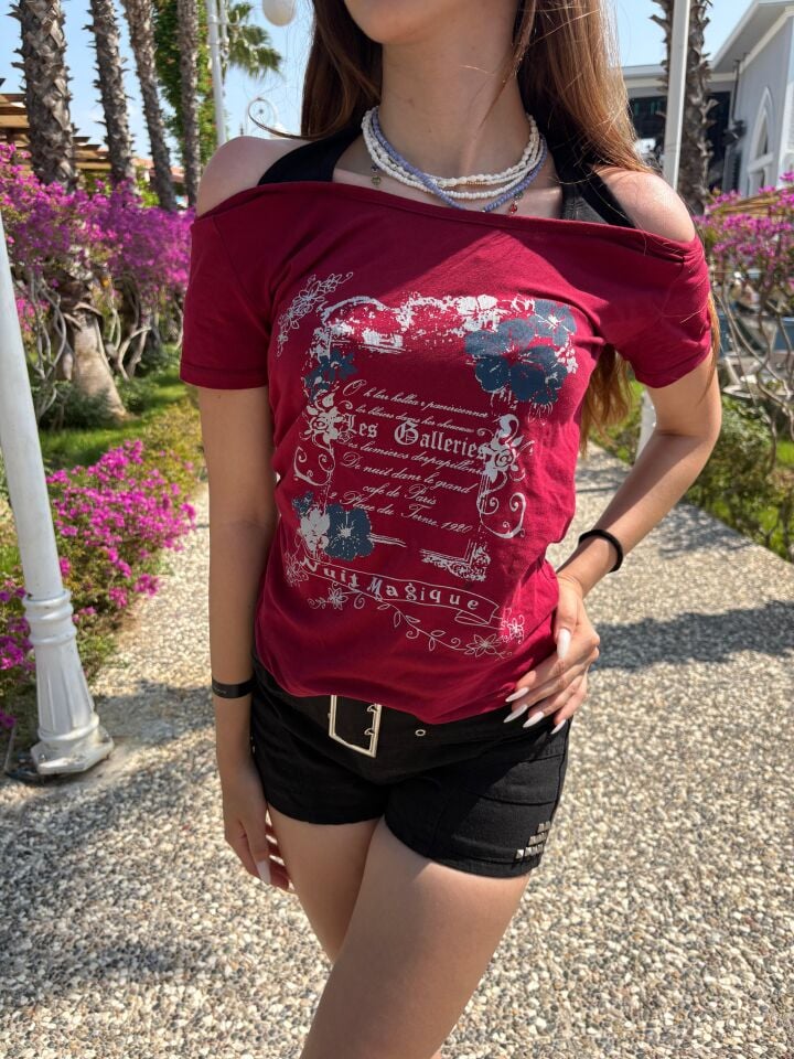 Bordo Nuit Magique Madonna Yaka Ek Askılı Y2K Kısa Kollu Full Body Crop