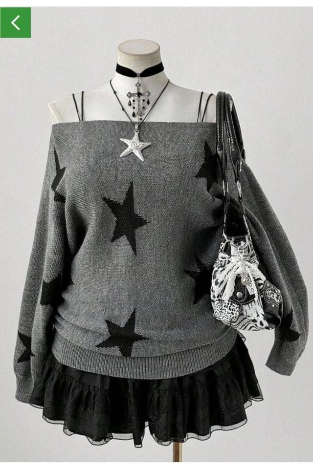 Siyah Stars Askılı Y2K Vintage Triko Kazak