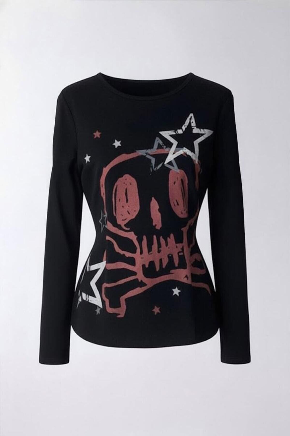 Siyah Skull Stars 2K Uzun Kollu Crop Bluz