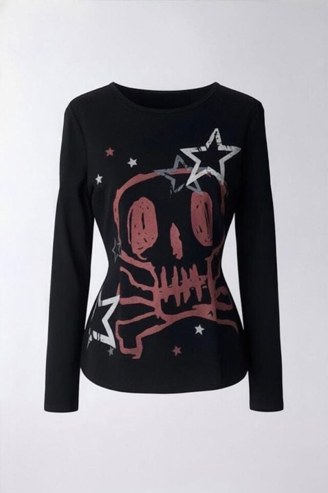 Siyah Skull Stars 2K Uzun Kollu Crop Bluz