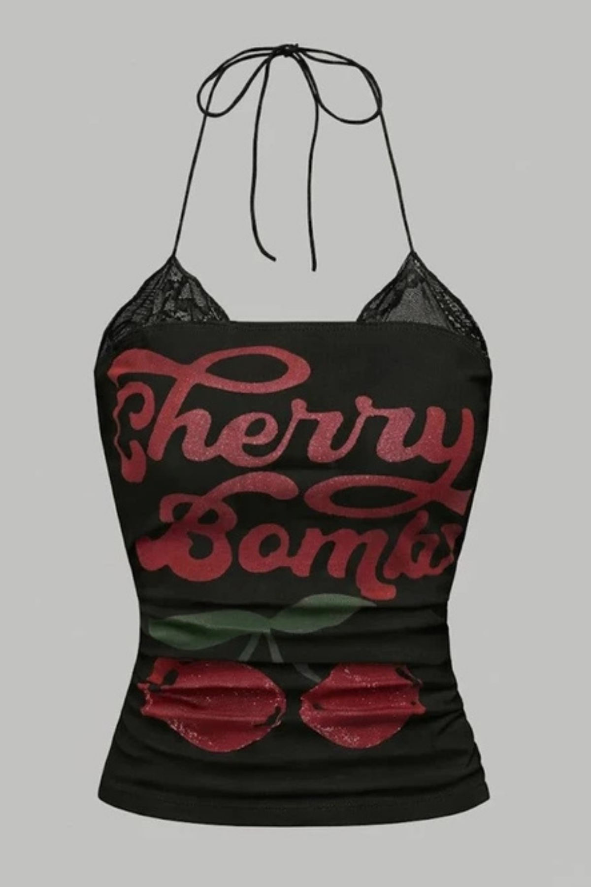 Siyah Cherry Bomb Dantelli Ek Y2K Askılı Crop