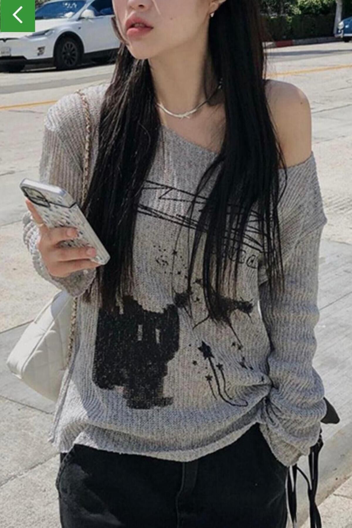 Gri melanj cat omuz dekolteli yün tam boy Y2k bluz