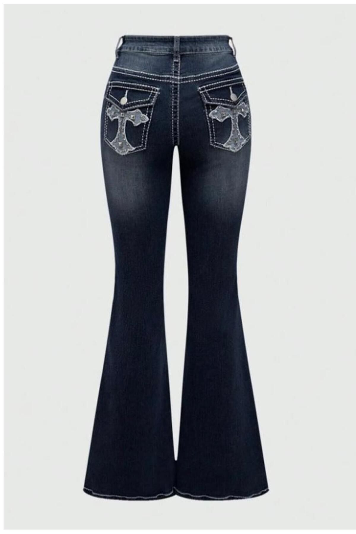 Lacivert Cross Haç İşlemeli Yıkamalı İspanyol Paça 2000s Y2K Pantolon