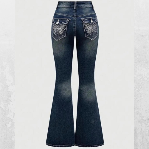 Lacivert Cross Kelebek İşlemeli Yıkamalı İspanyol Paça 2000s Y2K Pantolon