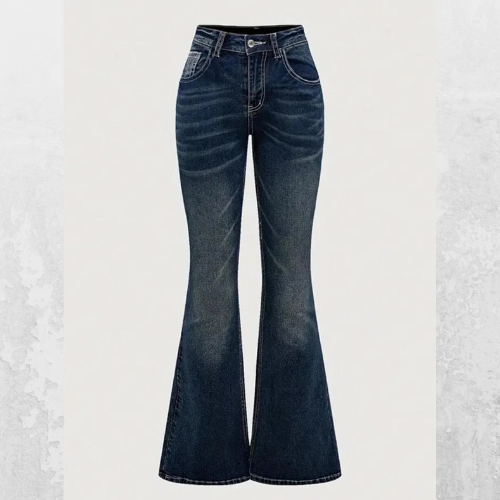 Lacivert Cross Kelebek İşlemeli Yıkamalı İspanyol Paça 2000s Y2K Pantolon