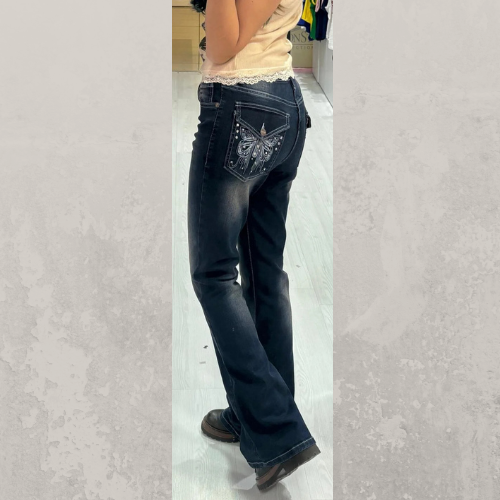 Lacivert Cross Kelebek İşlemeli Yıkamalı İspanyol Paça 2000s Y2K Pantolon