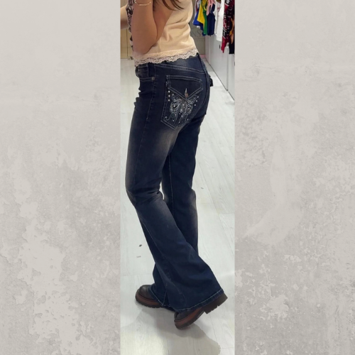 Lacivert Cross Kelebek İşlemeli Yıkamalı İspanyol Paça 2000s Y2K Pantolon