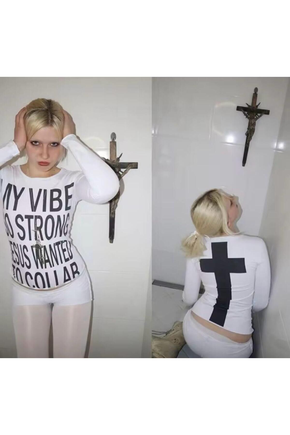 Beyaz My Vibe So Strong Cross Sırt Baskılı Y2K Uzun Kollu Crop Bluz