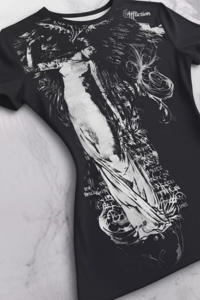 Siyah Vintage Angel Affliction Cyber Grunge Y2K Kısa Kollu Vücudu Saran T-Shirt