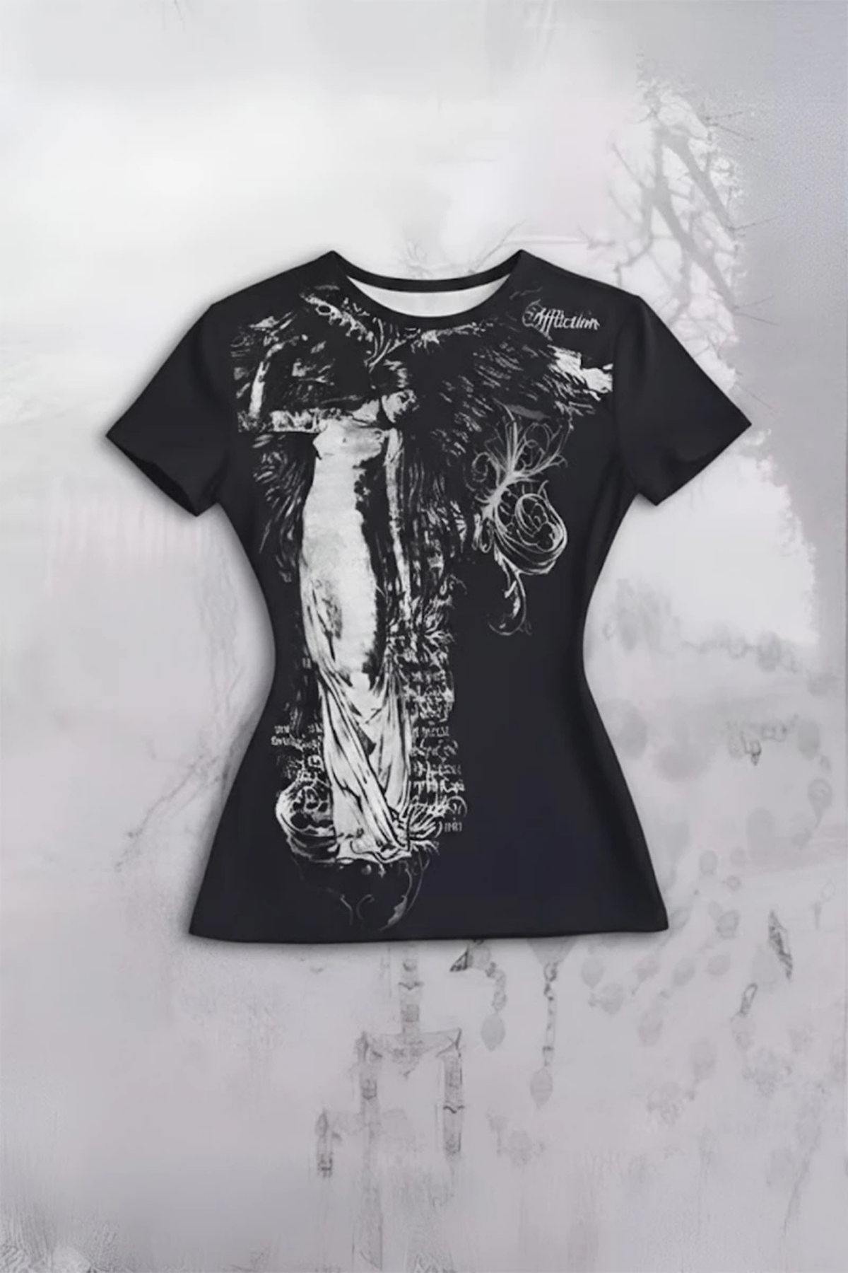Siyah Vintage Angel Affliction Cyber Grunge Y2K Kısa Kollu Vücudu Saran T-Shirt