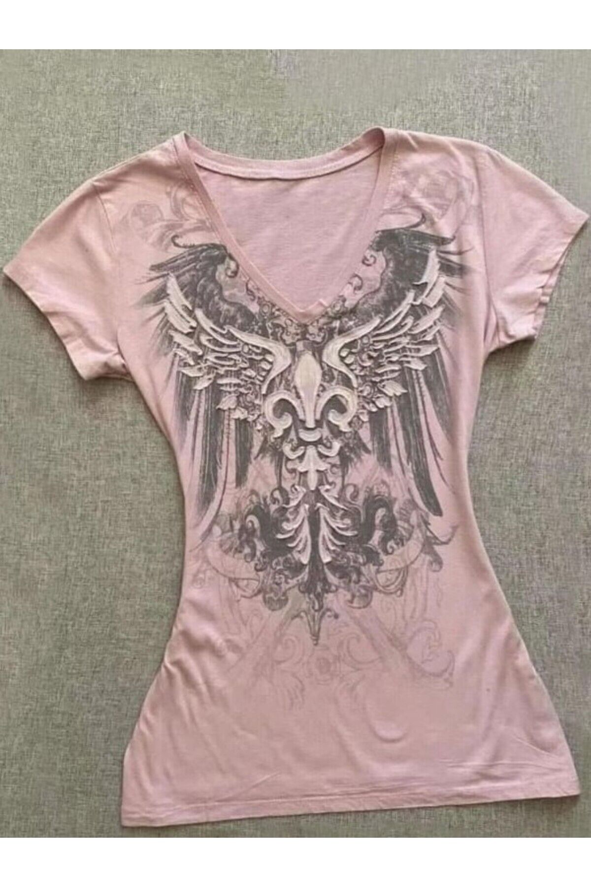 Gothic Style Angel Wings Baskılı Pembe Kısa Kollu Bluz Pembe - XS