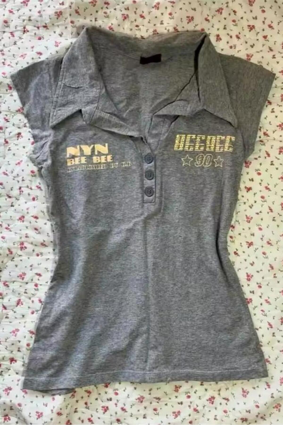 Gri Melanj Nyn Bee Bee Düğmeli Polo Yakalı Kısa Kollu Slim Fit Bluz