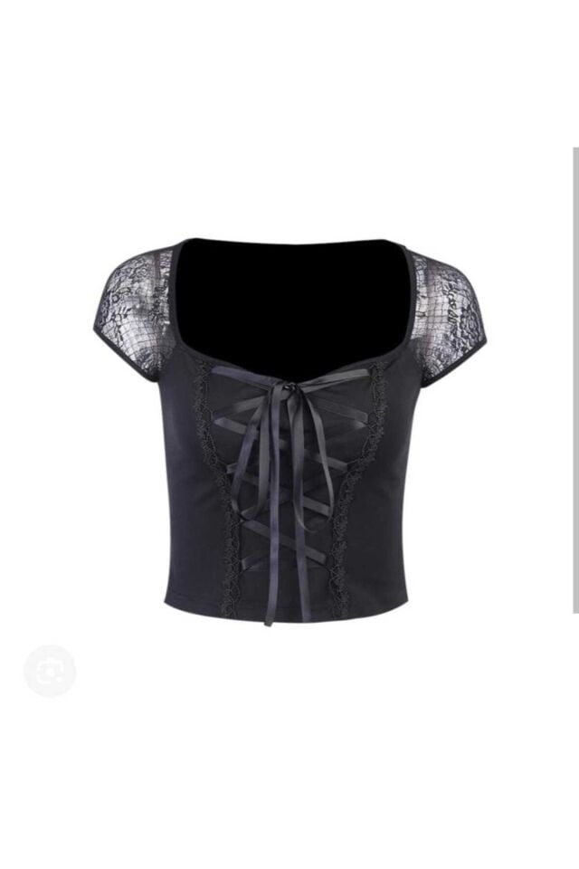Dantelli Bağcıklı Harajuku Fashion Dantel Kısa Kollu Bluz