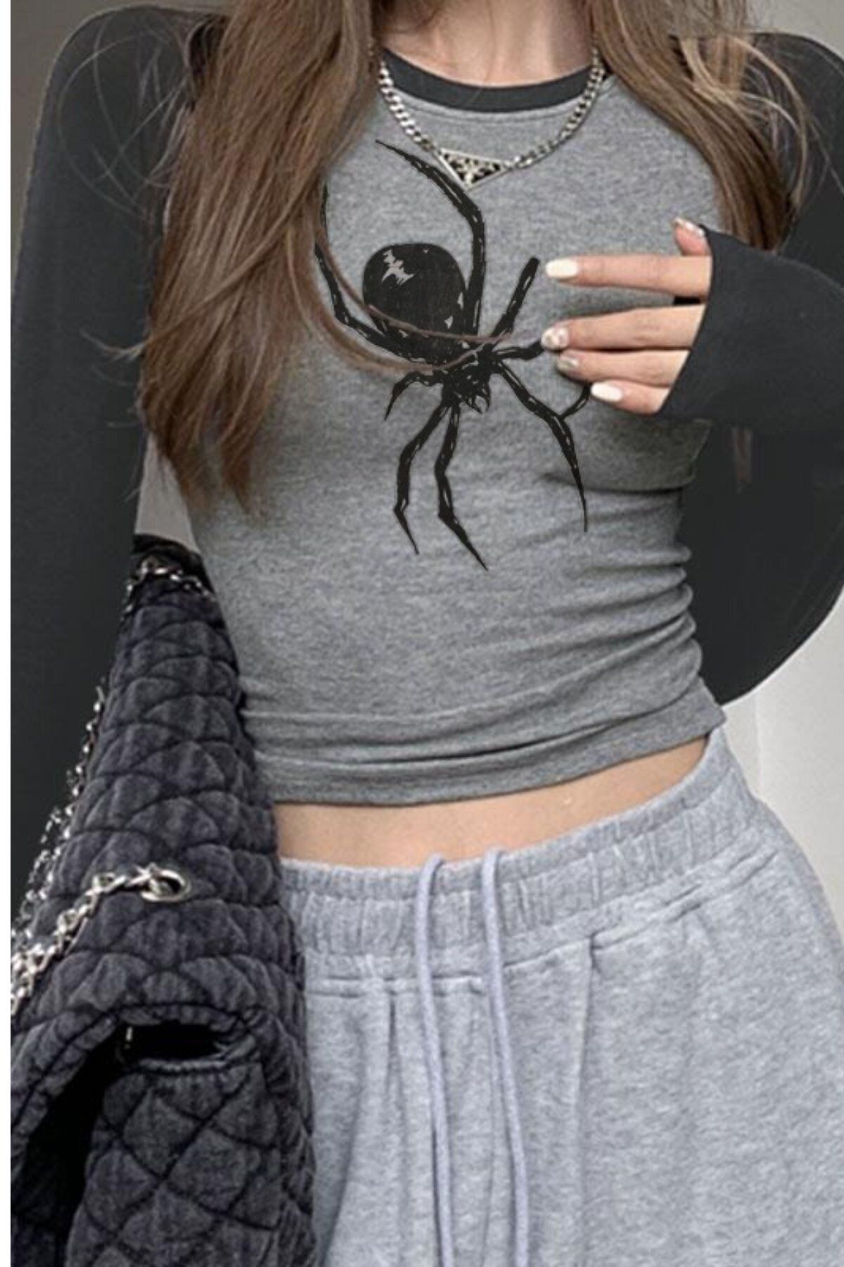 Black Widow Raglan Kollu Gri Melanj Basic Gotik Y2K Uzun Kollu Crop Bluz